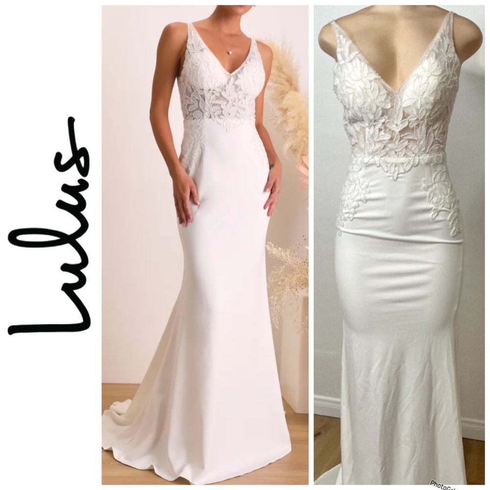 Lulu’s Remarkably Romantic White Sheer Mesh Beaded Maxi Wedding Dress
